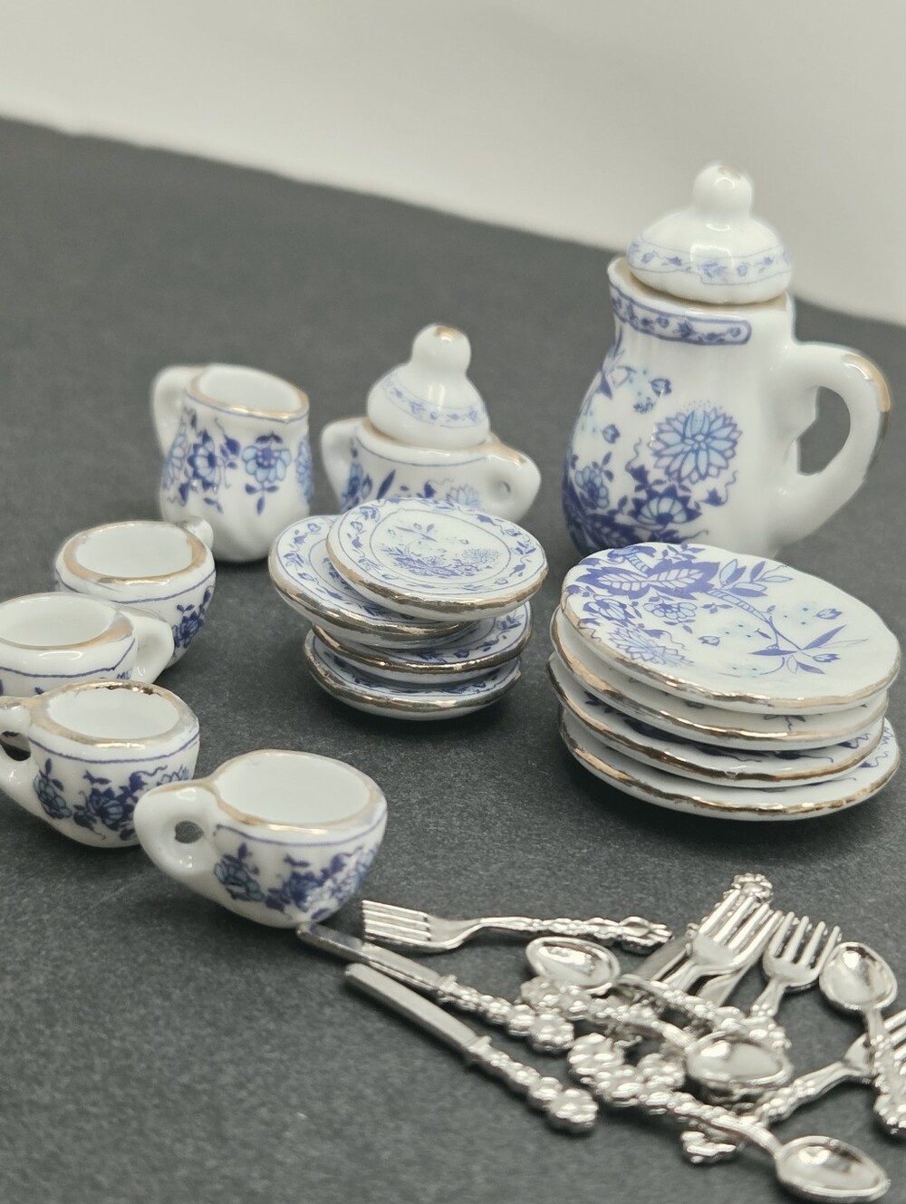 Miniature Blue & White Floral Tea Set with Silverware & Mystery Bag